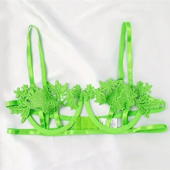 NWT Boutique Sexy Glam Retro Style Floral Embroidered Unpadded Bra S Neon Green - Picture 1 of 7